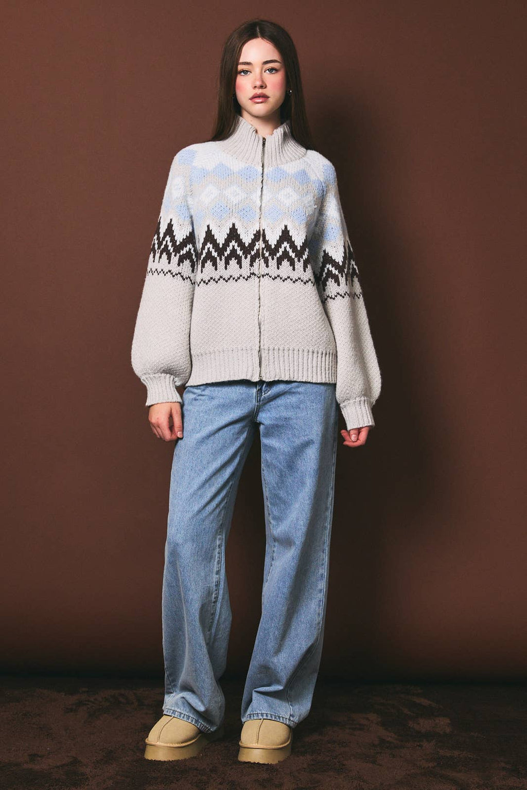 LONG SLEEVE COLLARED FAIR ISLE SWEATER JACKET