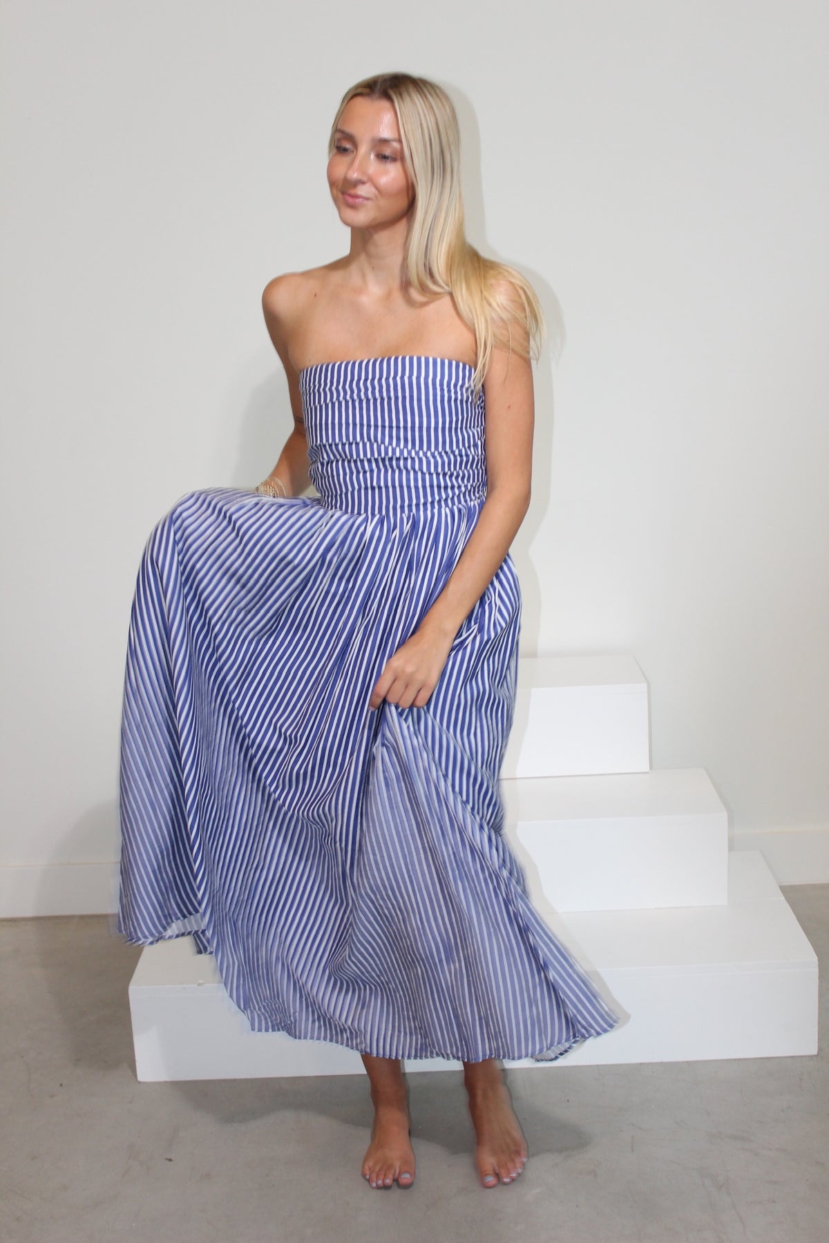 Striped Strapless Flare Maxi