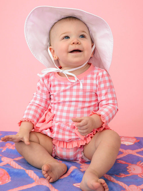 Baby Girls Bubblegum Gingham Long Sleeve One Piece Bow Peplum Rash Guard Swimsuit with Signature Rear Ruffles