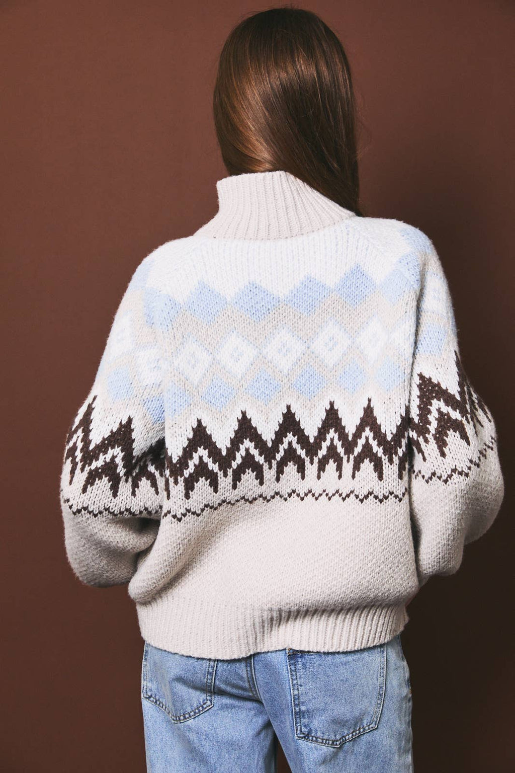 LONG SLEEVE COLLARED FAIR ISLE SWEATER JACKET