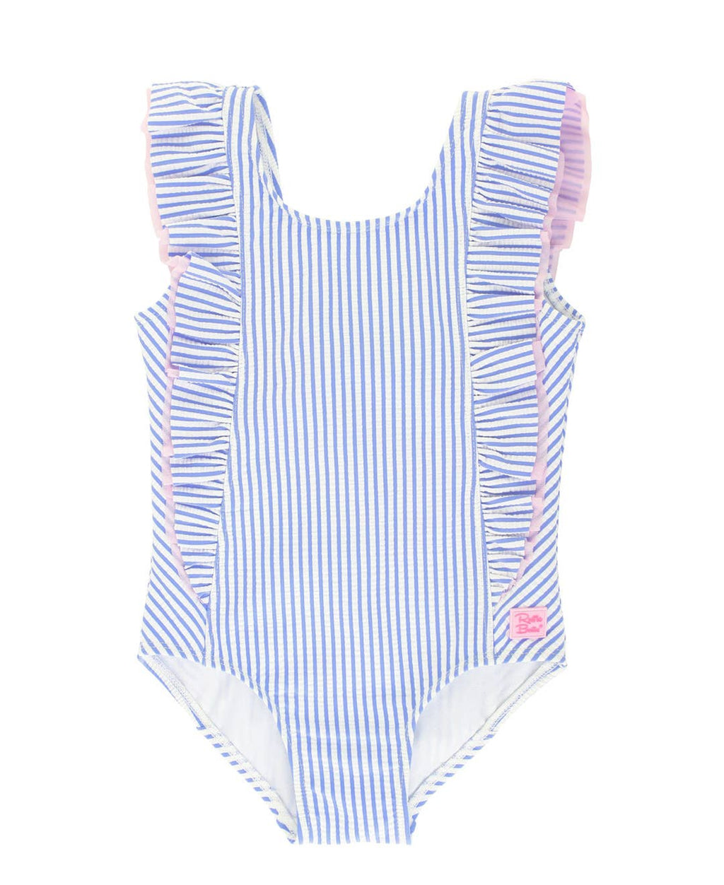 Girls Periwinkle Blue Seersucker Waterfall One Piece Swimsuit