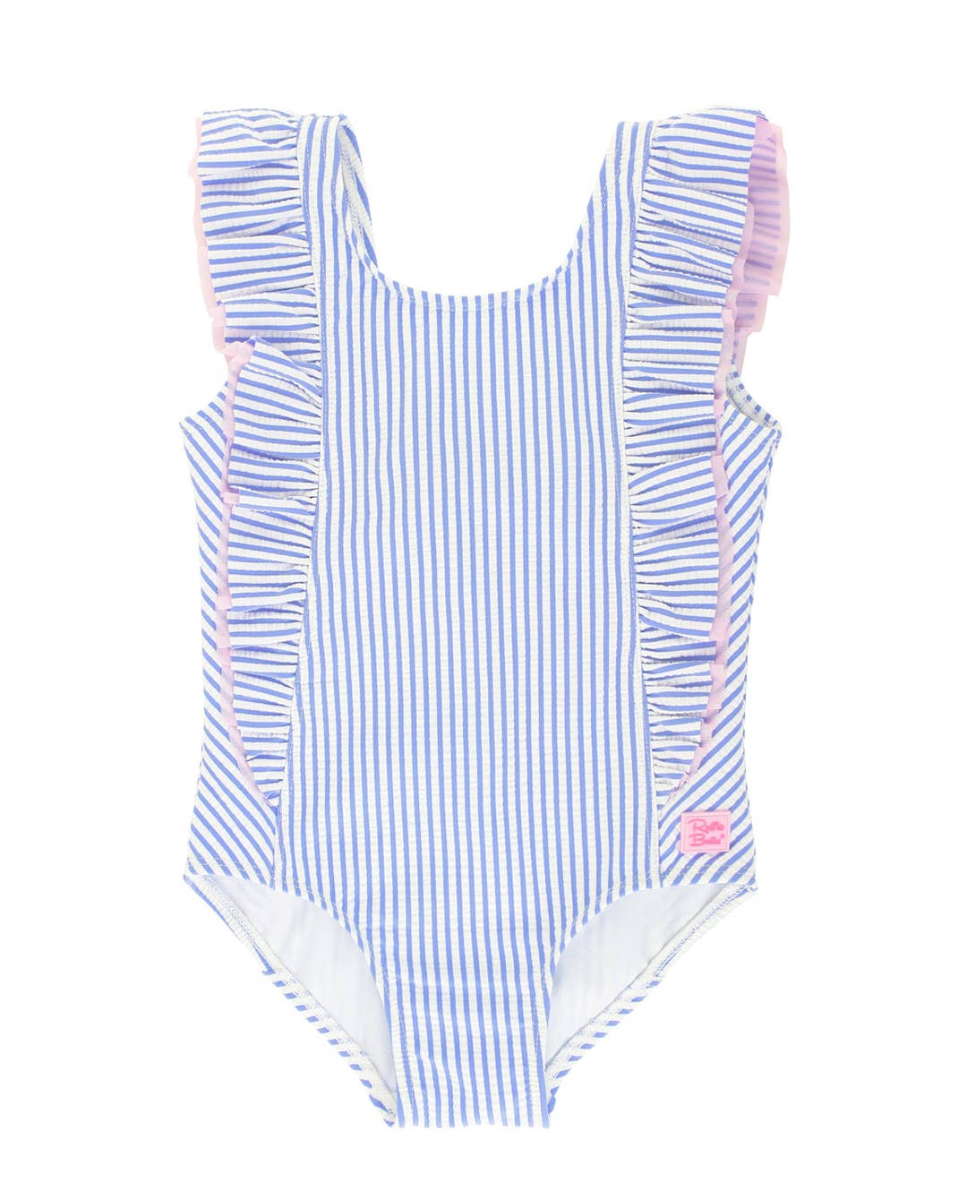 Girls Periwinkle Blue Seersucker Waterfall One Piece Swimsuit