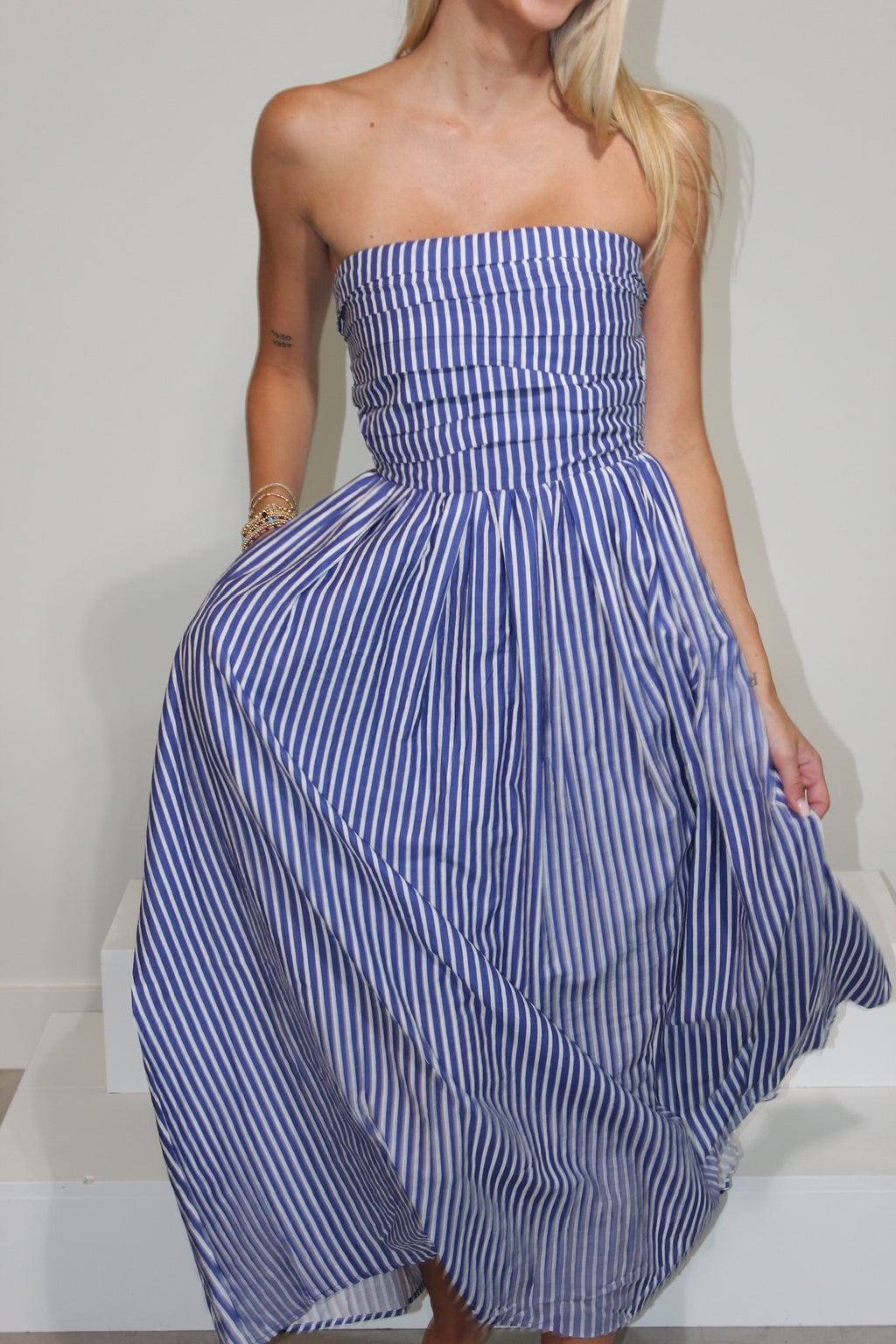 Striped Strapless Flare Maxi