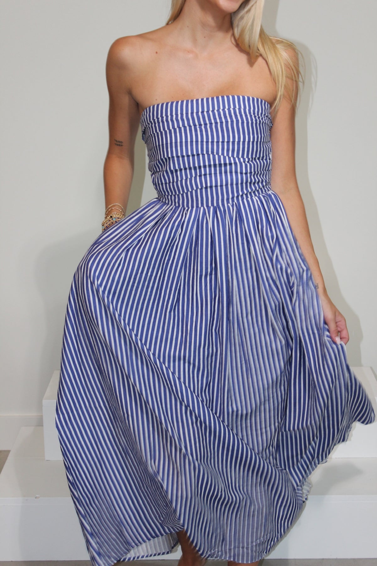 Striped Strapless Flare Maxi