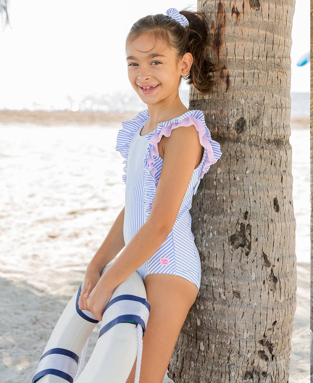 Girls Periwinkle Blue Seersucker Waterfall One Piece Swimsuit