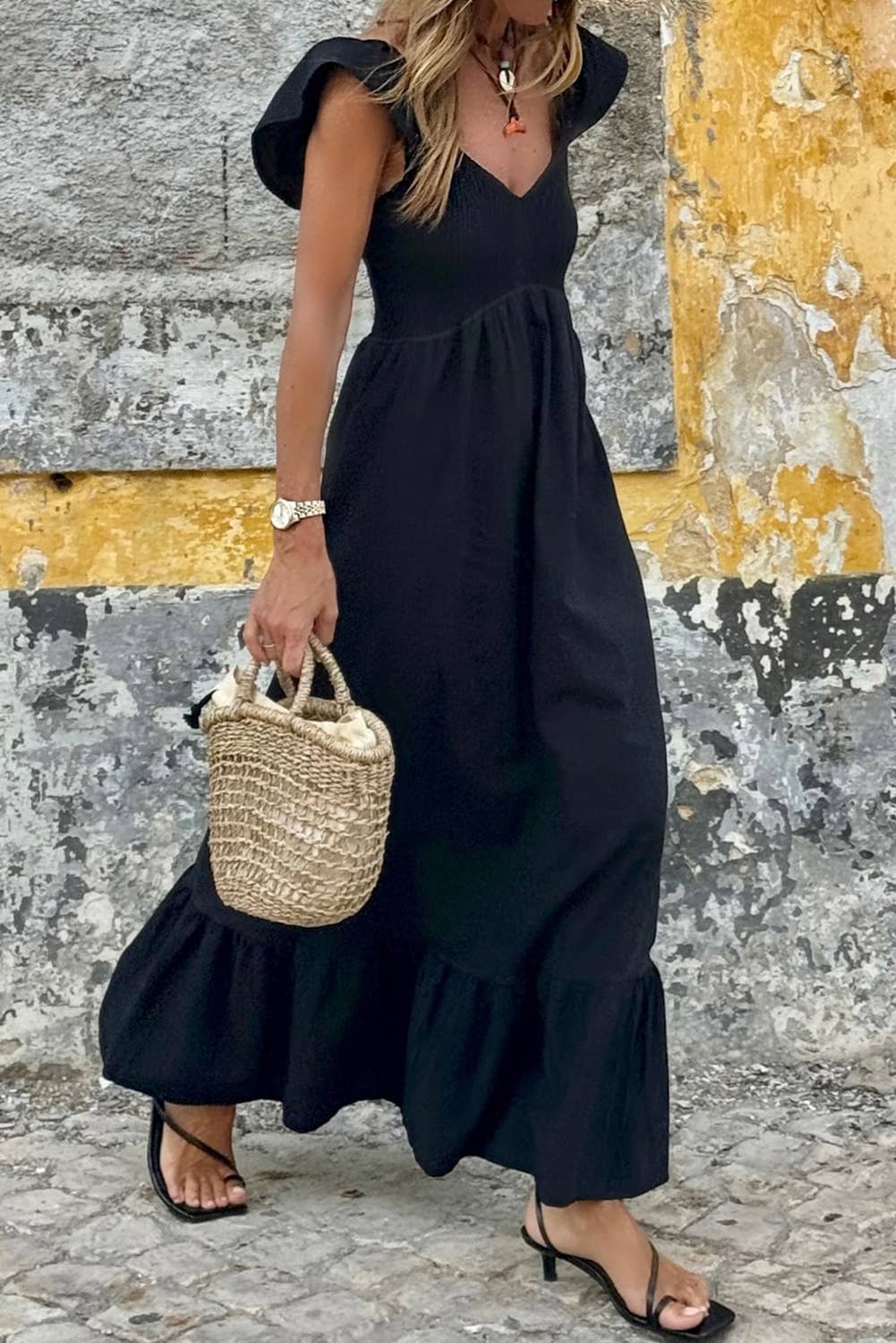 V-Neck Smocked Maxi Dress