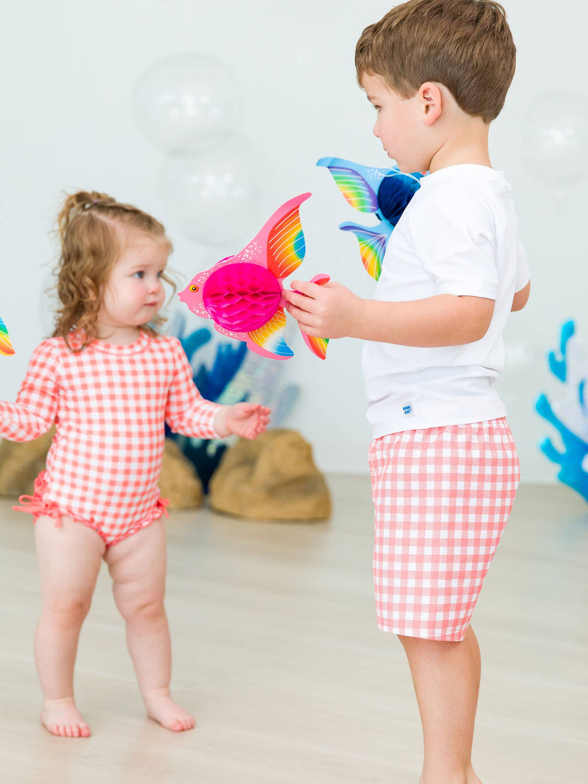 Boys Coral Gingham Swim Trunks