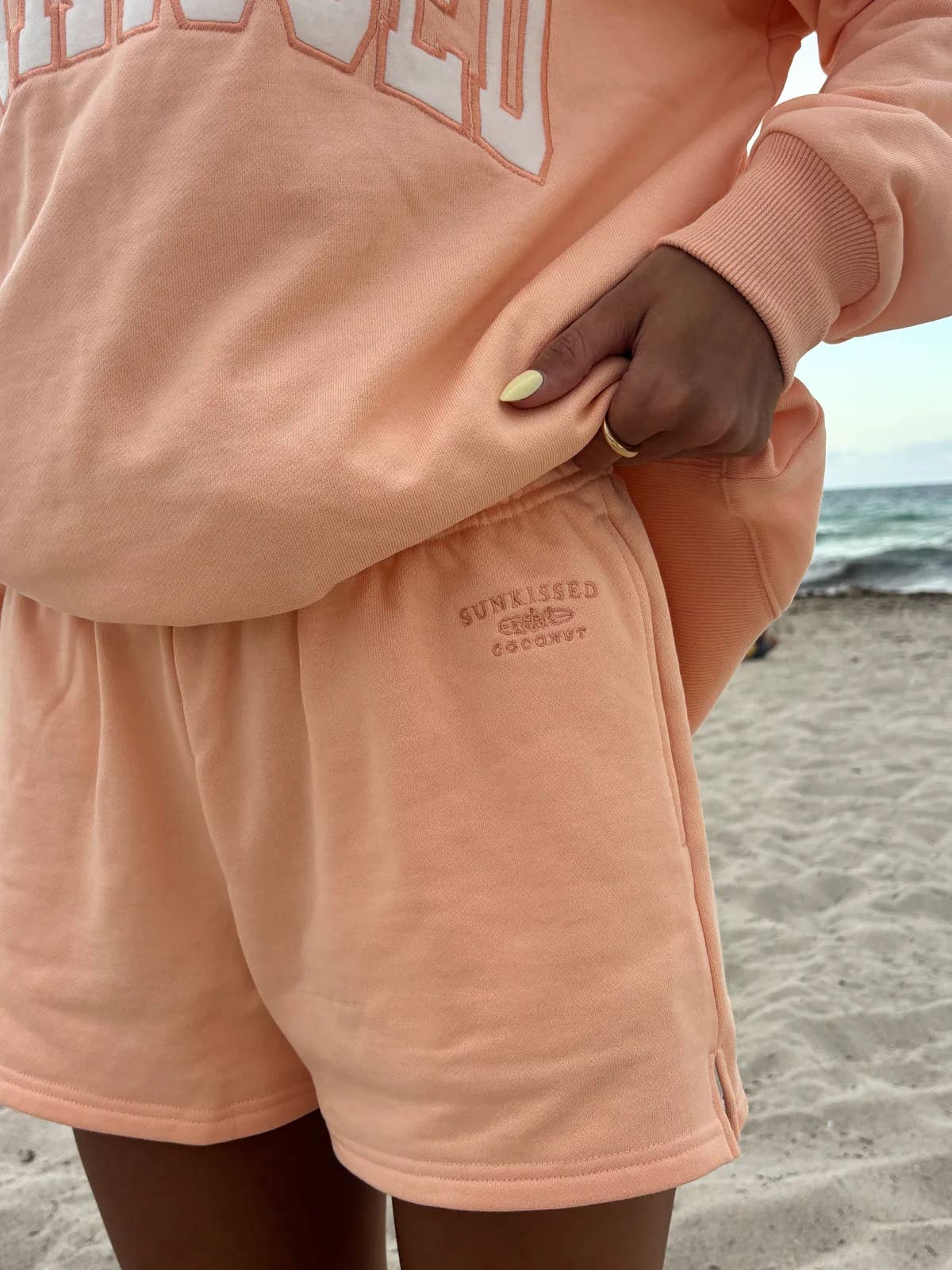 Papaya Orange Embroidered Sweat Shorts 100% Cotton
