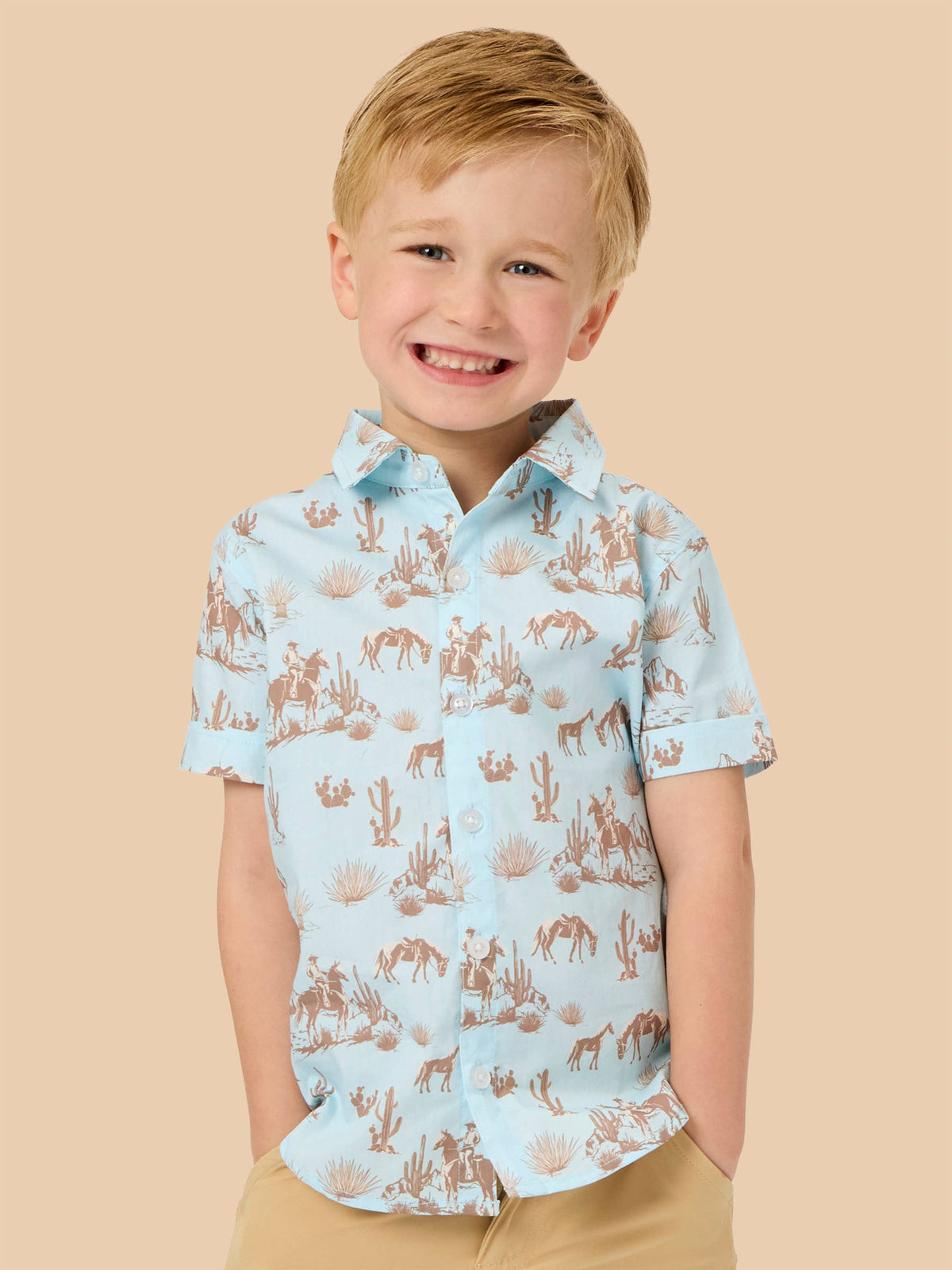 Boys Blue Western Trail Toile Short Sleeve Button Down Shirt