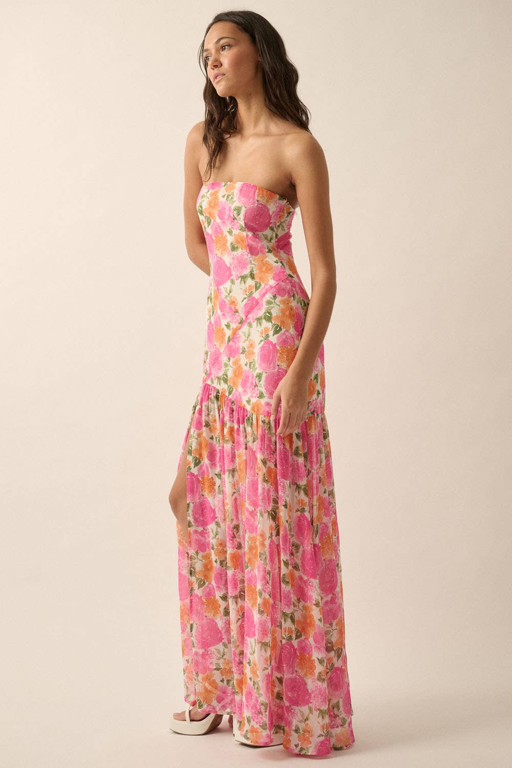 Strapless Asymmetric Floral Woven Maxi