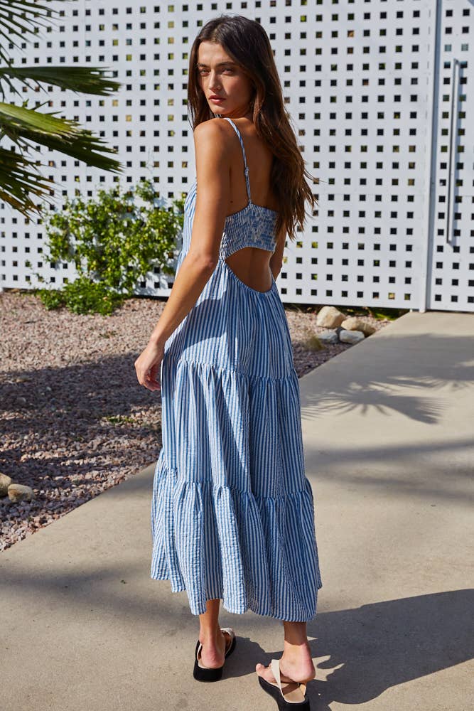 L9558 | Woven Polyester Faux Linen Striped Sleeveless Maxi