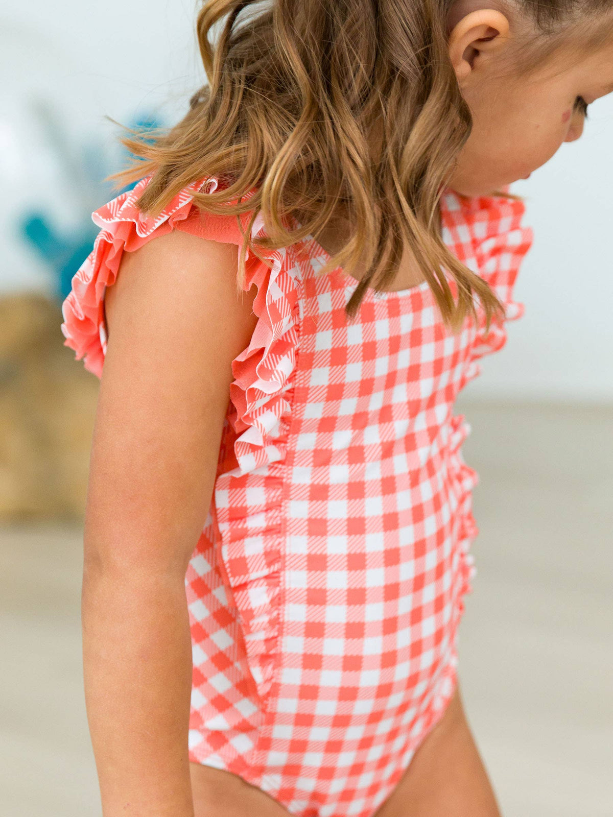 Girls Coral Gingham Waterfall One Piece Swimsuit