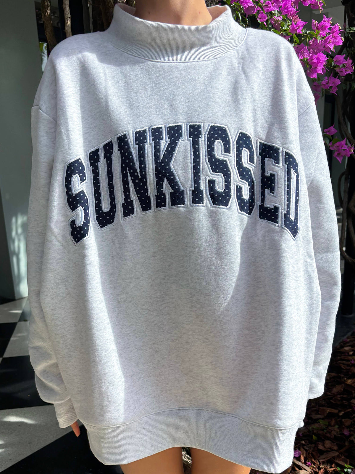 Pearl Grey Navy Blue Polka Dot SUNKISSED Mockneck Sweatshirt