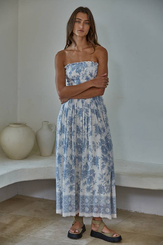 L9240 | Woven Cotton Rayon Floral Smocked Strapless Midi