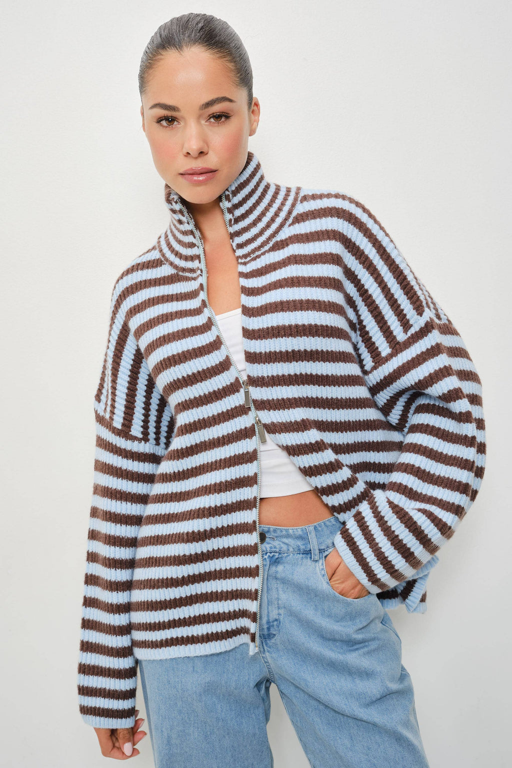Zane Striped Mock Neck Zip-Up Jacket