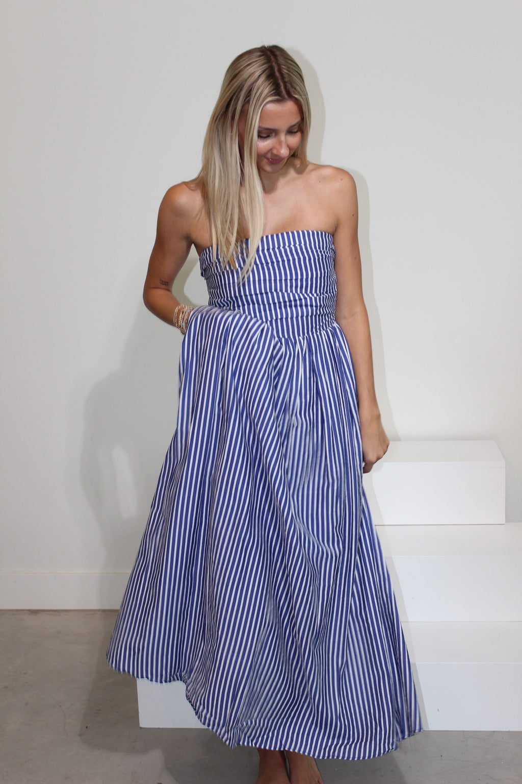 Striped Strapless Flare Maxi