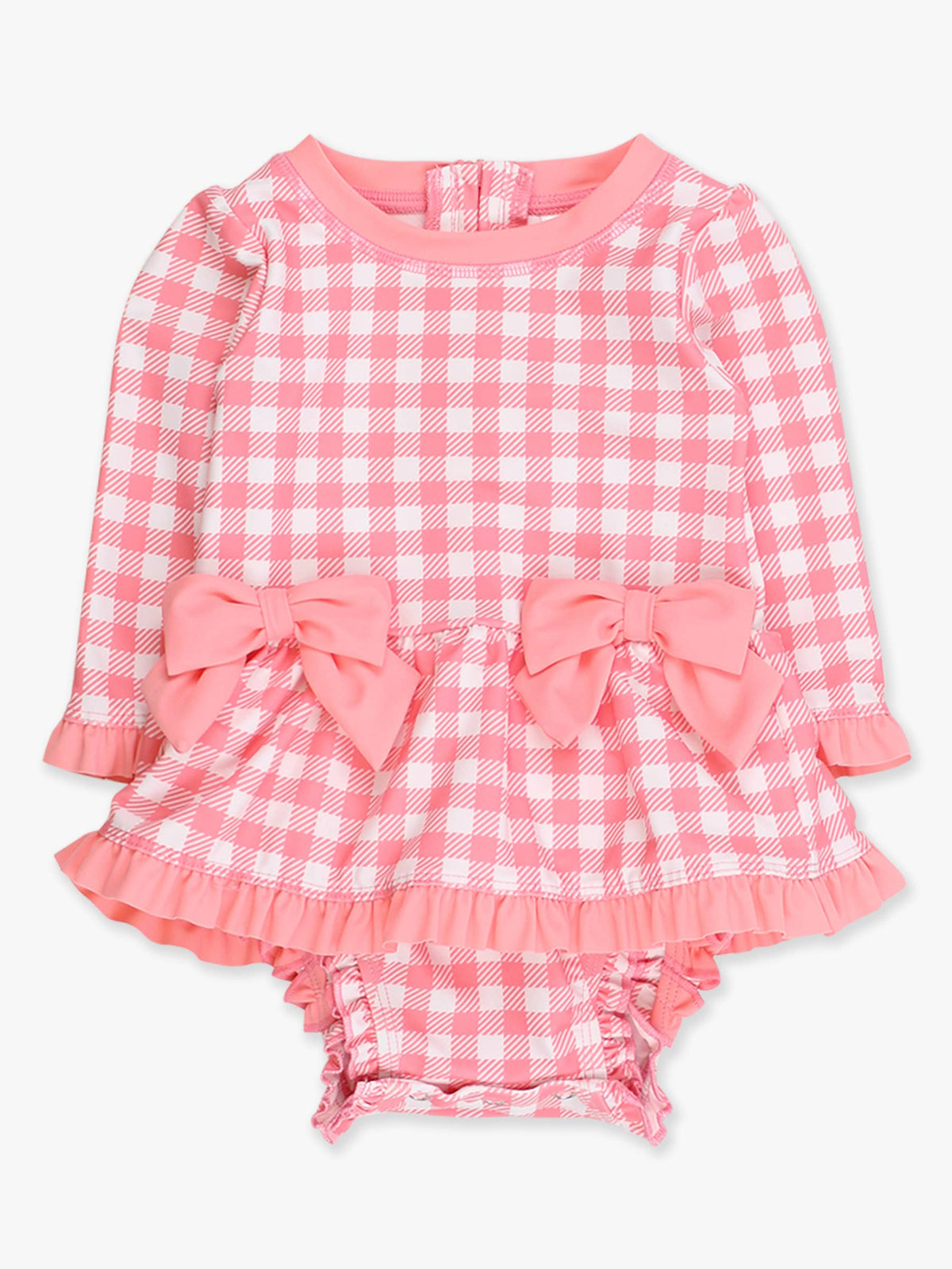Baby Girls Bubblegum Gingham Long Sleeve One Piece Bow Peplum Rash Guard Swimsuit with Signature Rear Ruffles