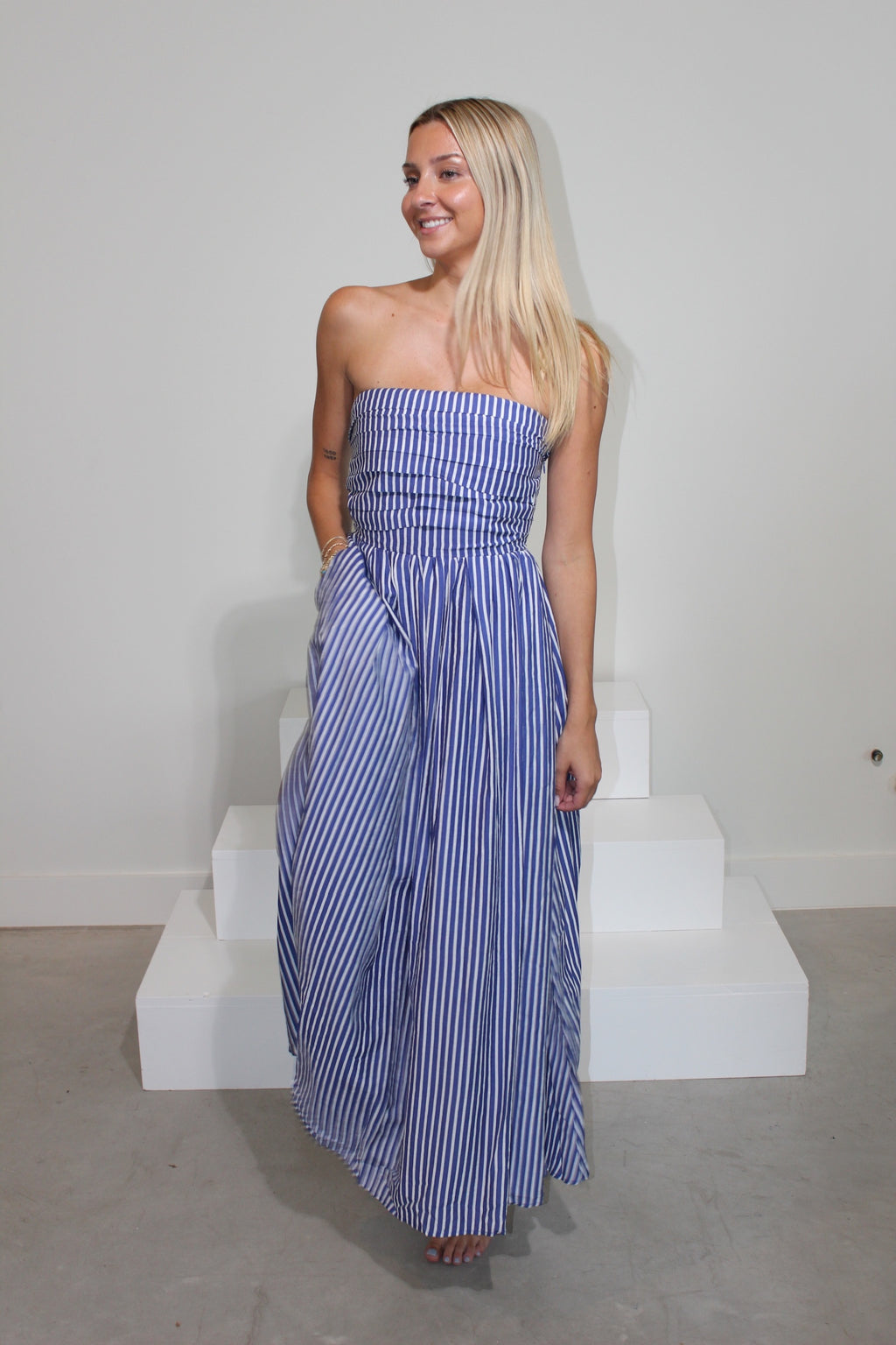 Striped Strapless Flare Maxi
