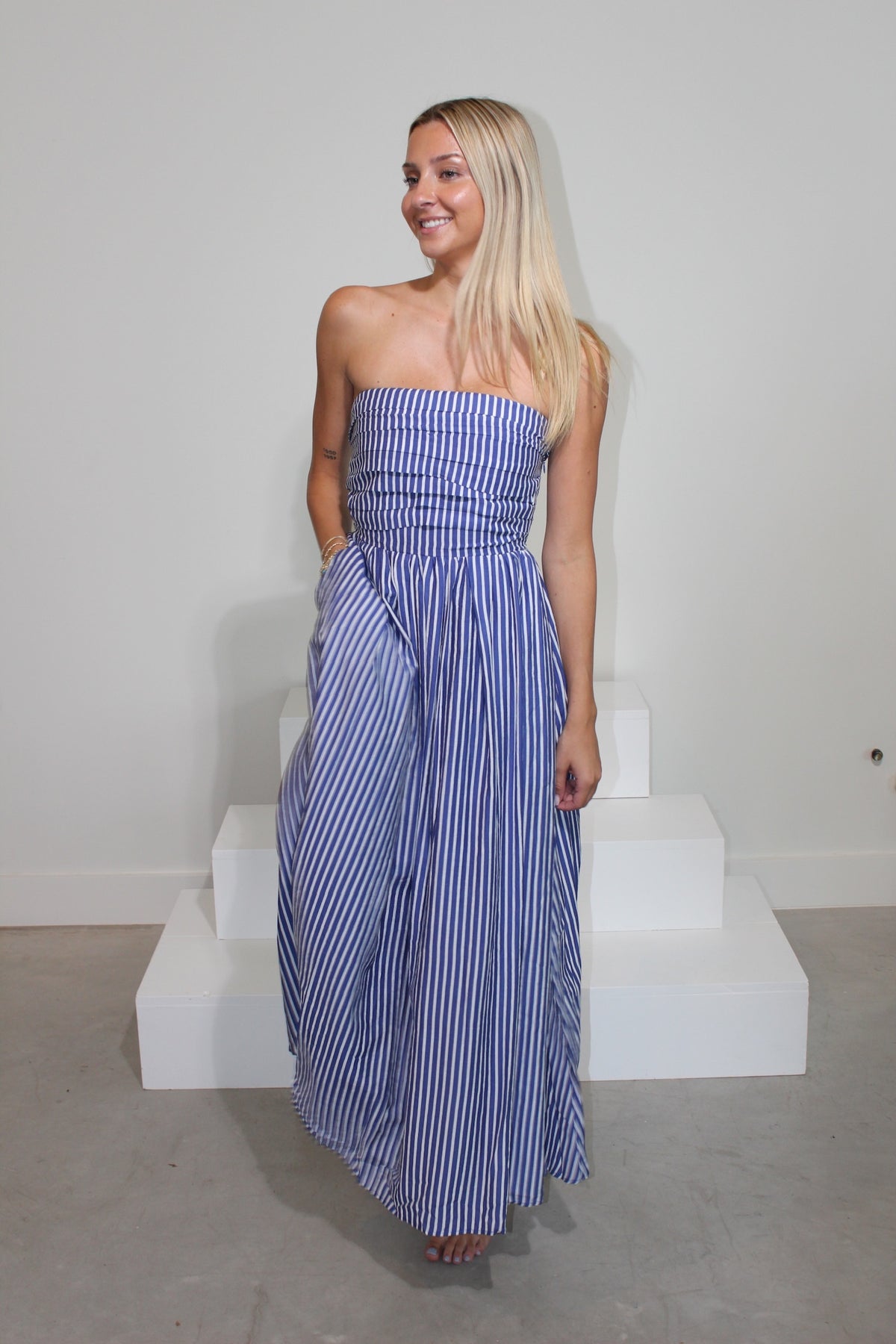 Striped Strapless Flare Maxi