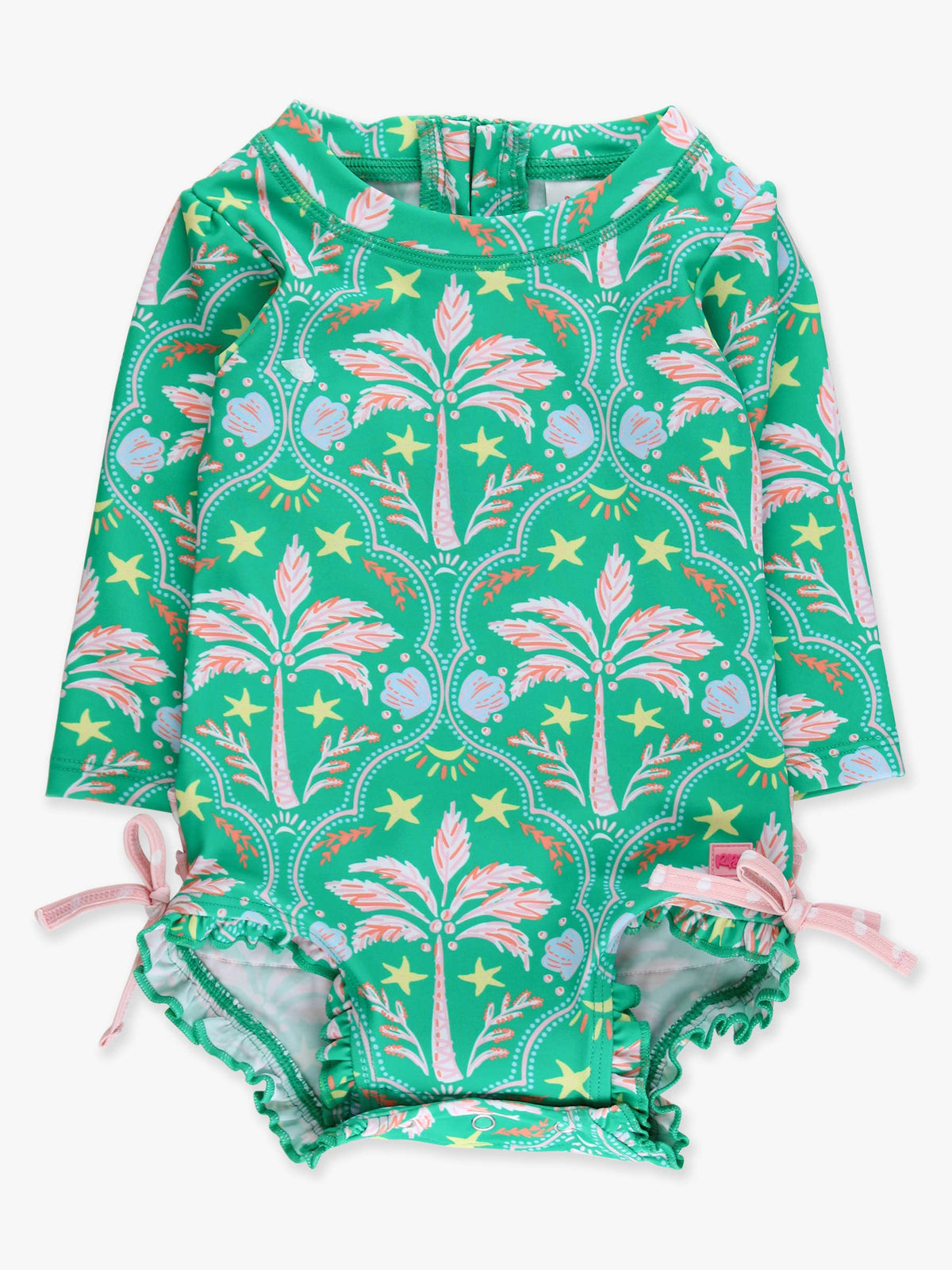 Baby Girls Coconut Cabana Long Sleeve One Piece Rash Guard Swimsuit with Signature Rear Ruffles
