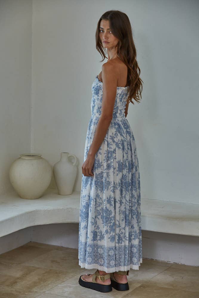 L9240 | Woven Cotton Rayon Floral Smocked Strapless Midi