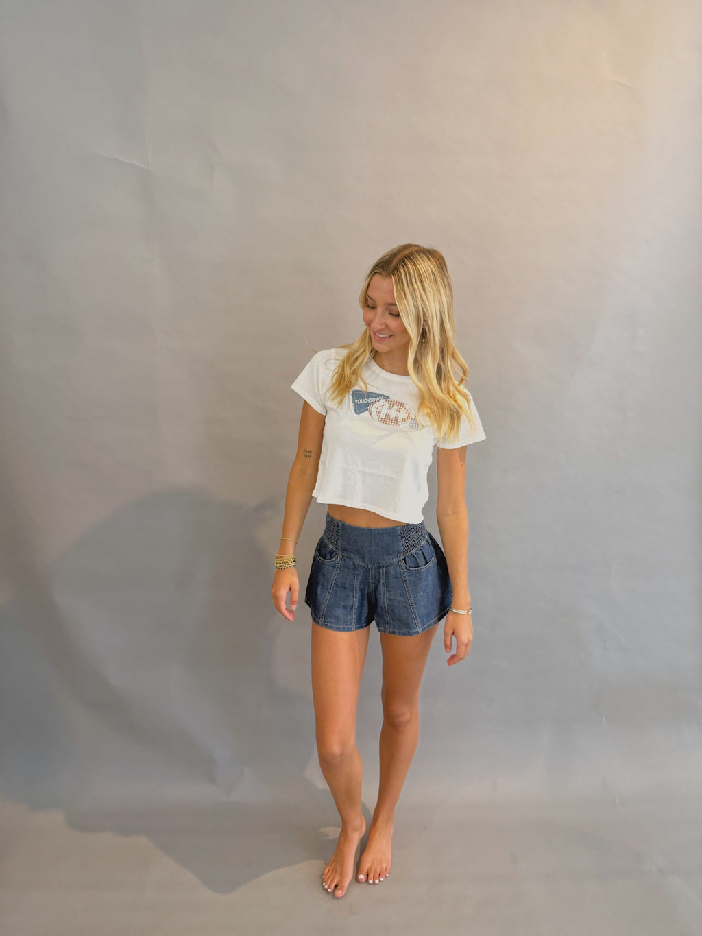 Smocked Flare Denim Short