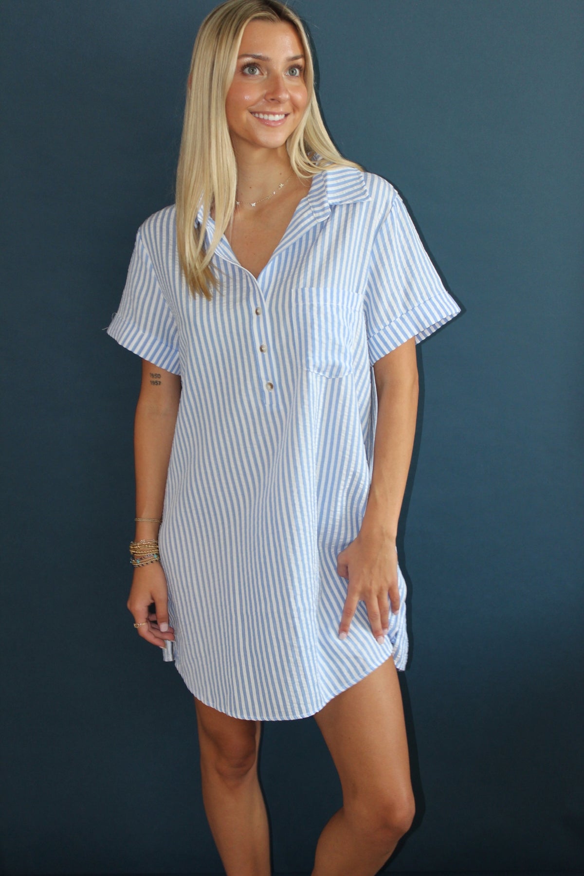 Striped Seersucker Shirt Dress