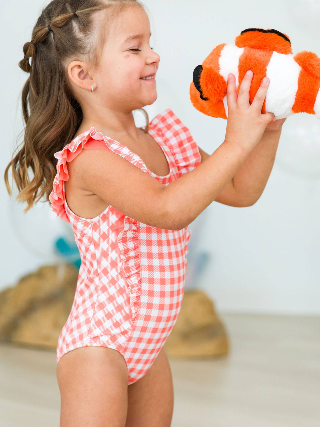 Girls Coral Gingham Waterfall One Piece Swimsuit