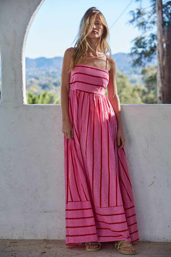 L7983 | Woven Cotton Striped Square Flare Midi Dress