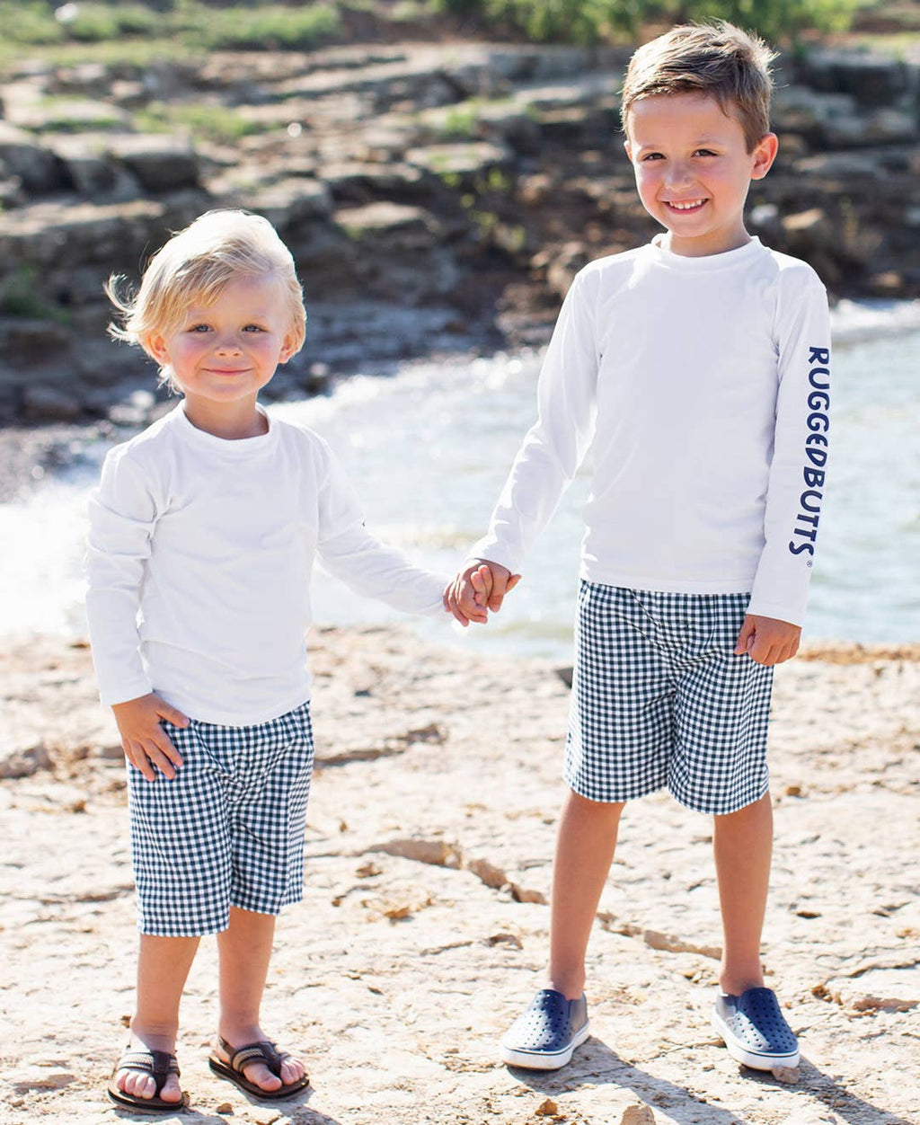 Boys Navy Gingham Swim Trunks