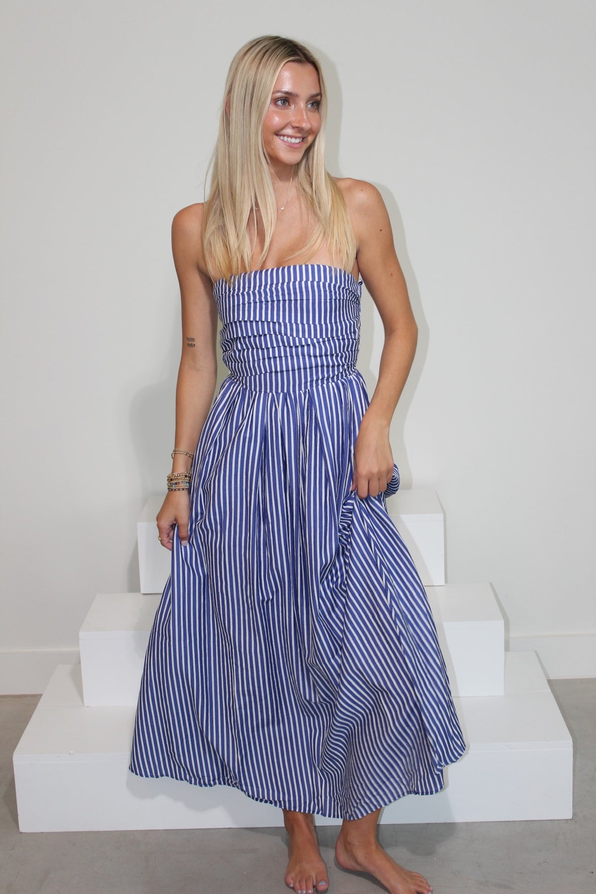 Striped Strapless Flare Maxi