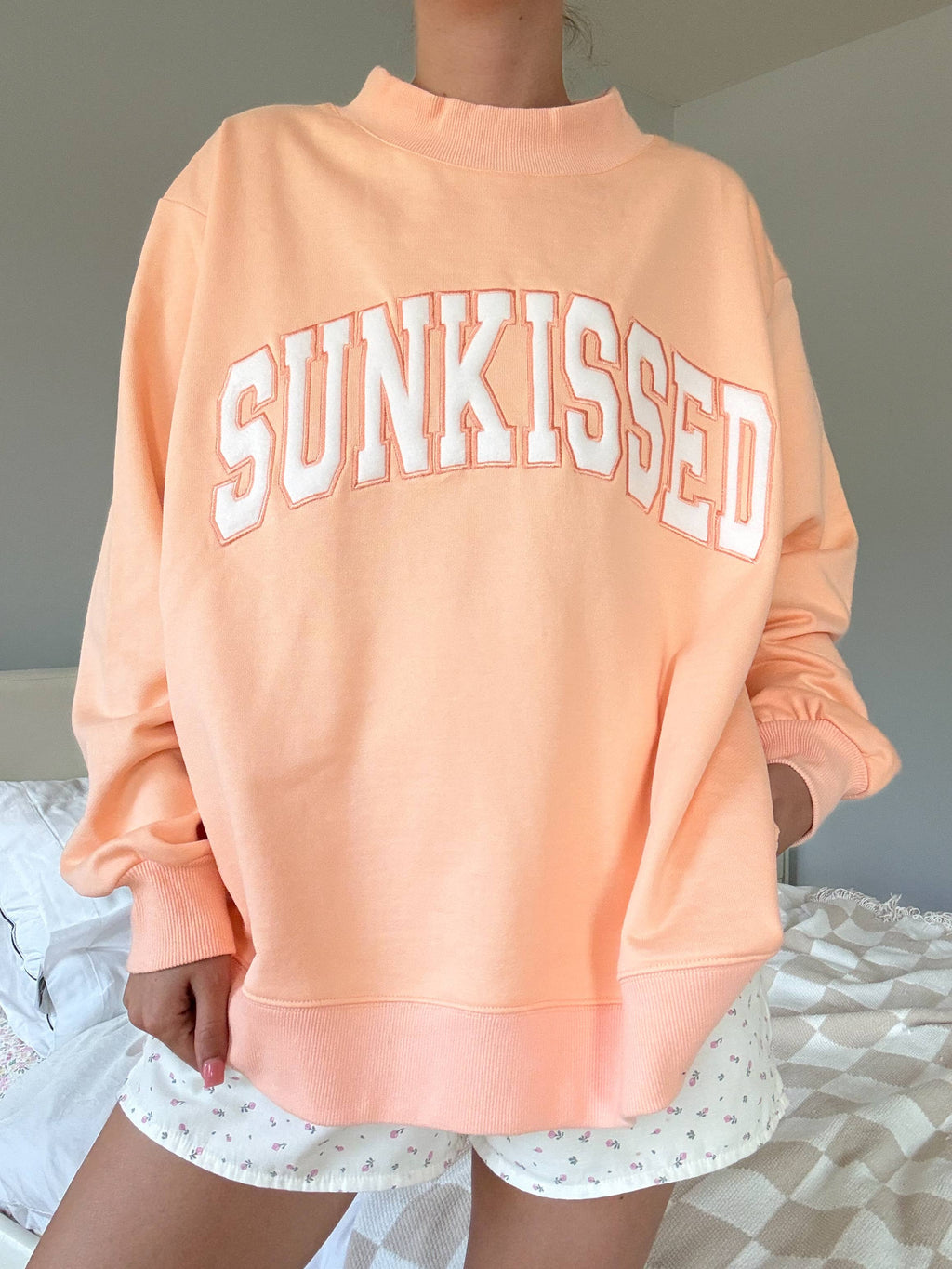 Papaya Orange Varsity Sunkissed Embroidered Mockneck Sweatshirt 100% Cotton