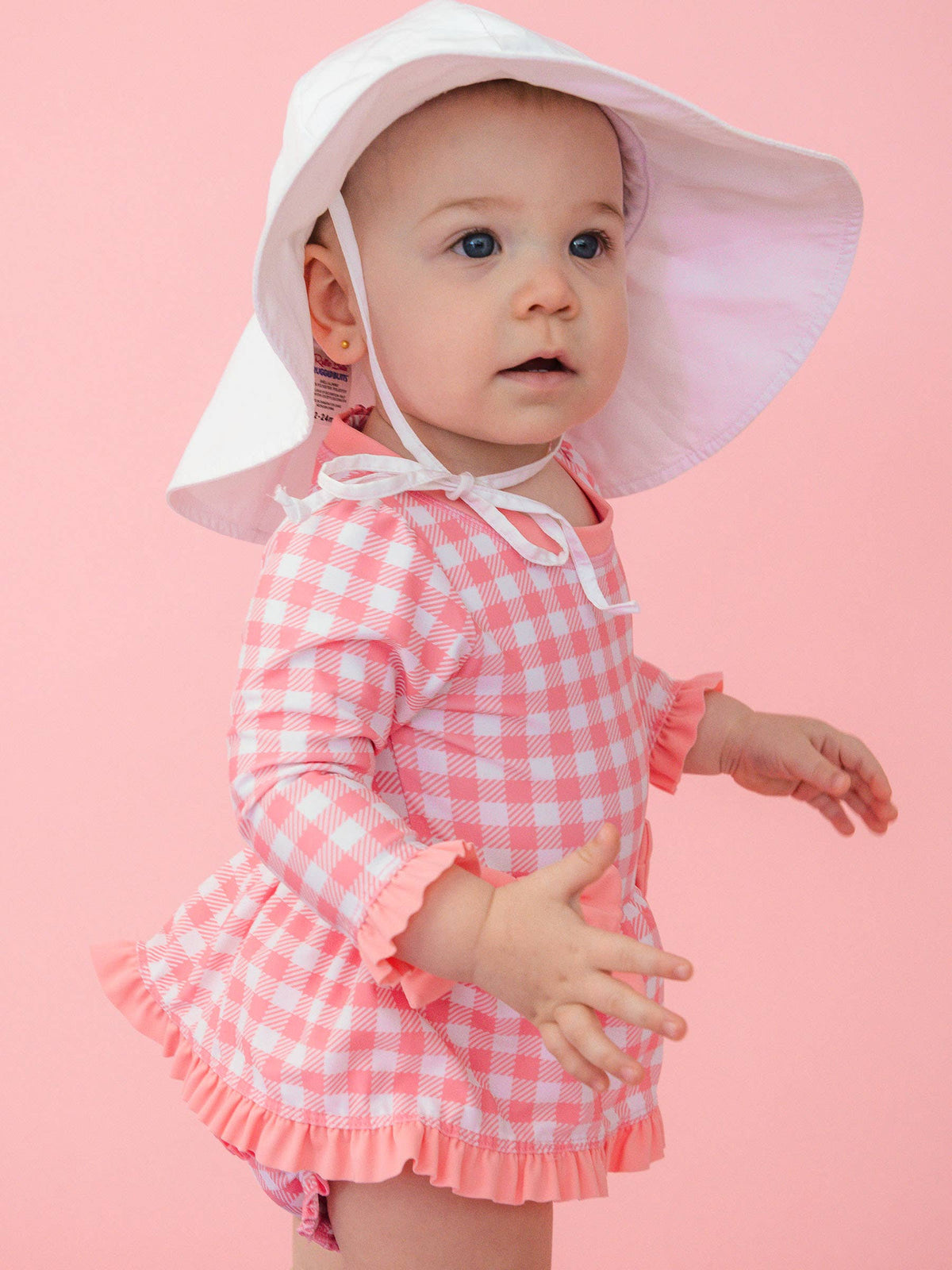Baby Girls Bubblegum Gingham Long Sleeve One Piece Bow Peplum Rash Guard Swimsuit with Signature Rear Ruffles