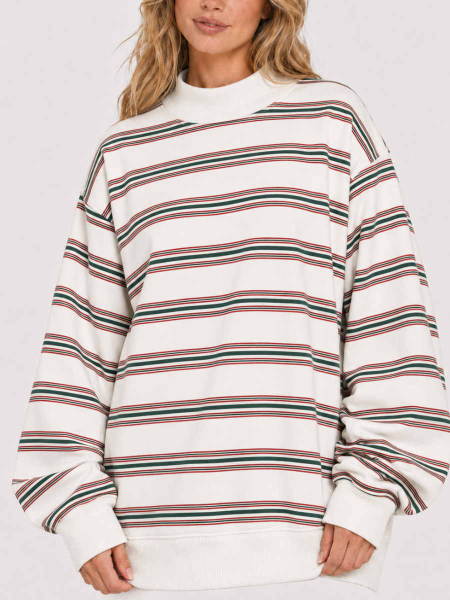 Christmas Cheer Striped 100% Cotton French Terry Mockneck Sweatshirt