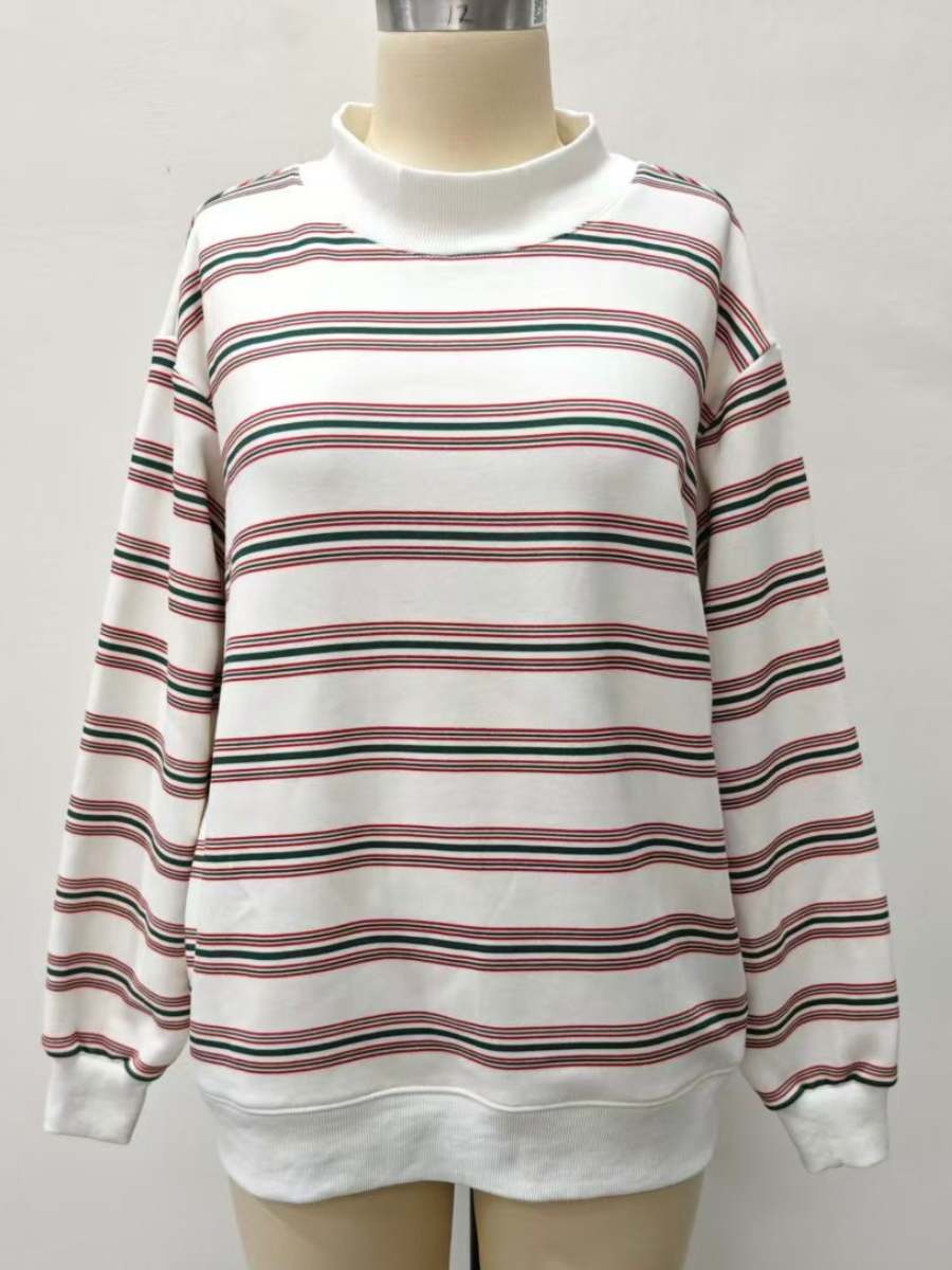 Christmas Cheer Striped 100% Cotton French Terry Mockneck Sweatshirt