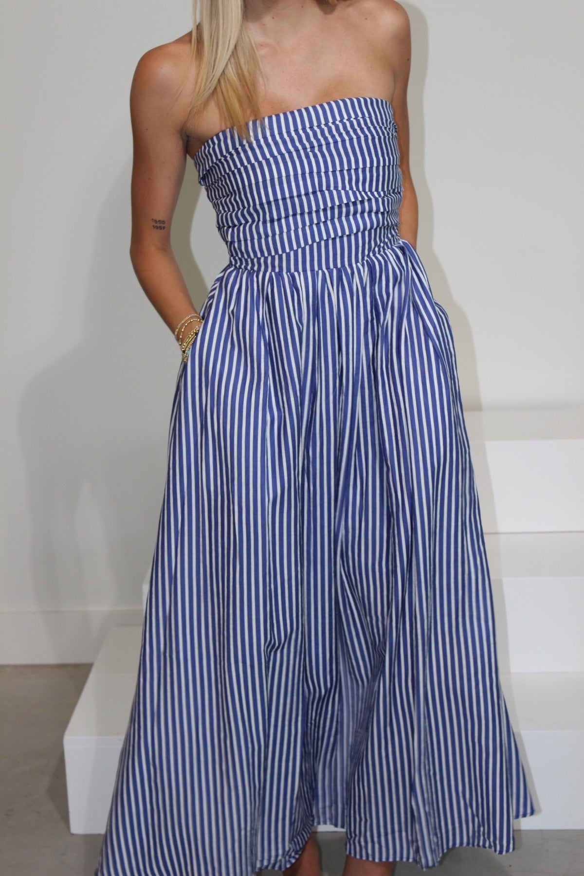 Striped Strapless Flare Maxi