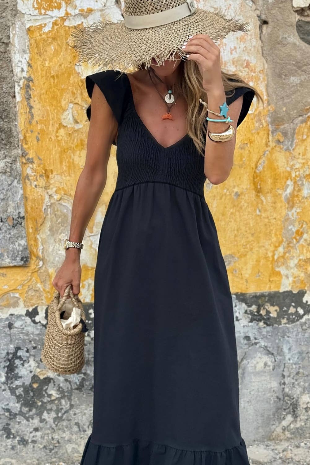 V-Neck Smocked Maxi Dress