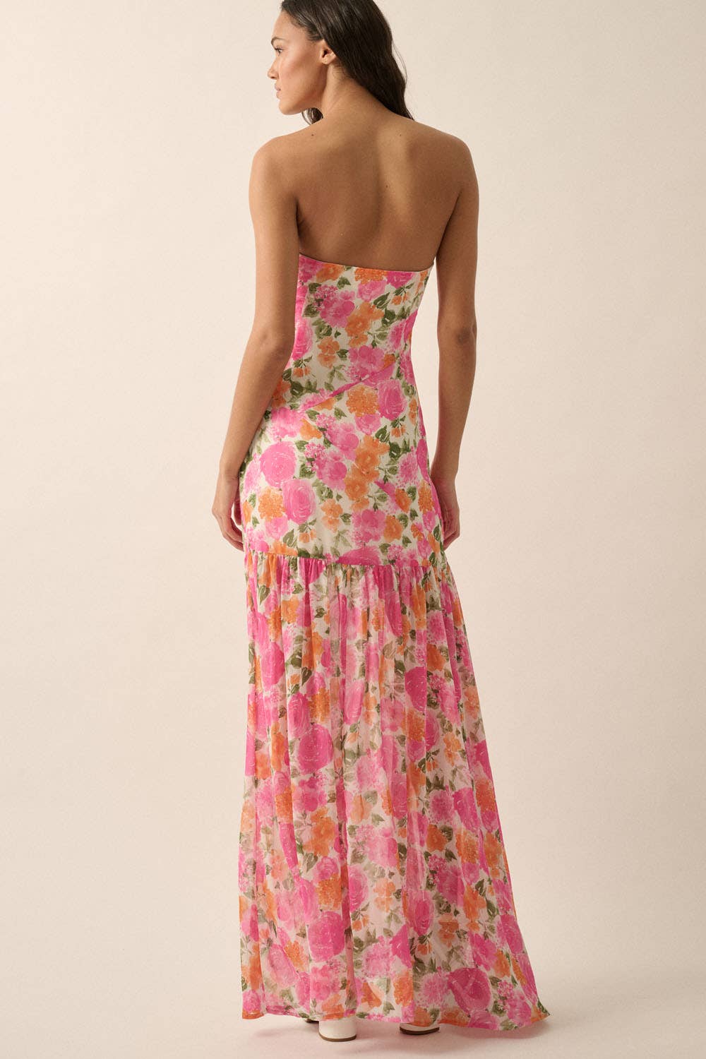 Strapless Asymmetric Floral Woven Maxi