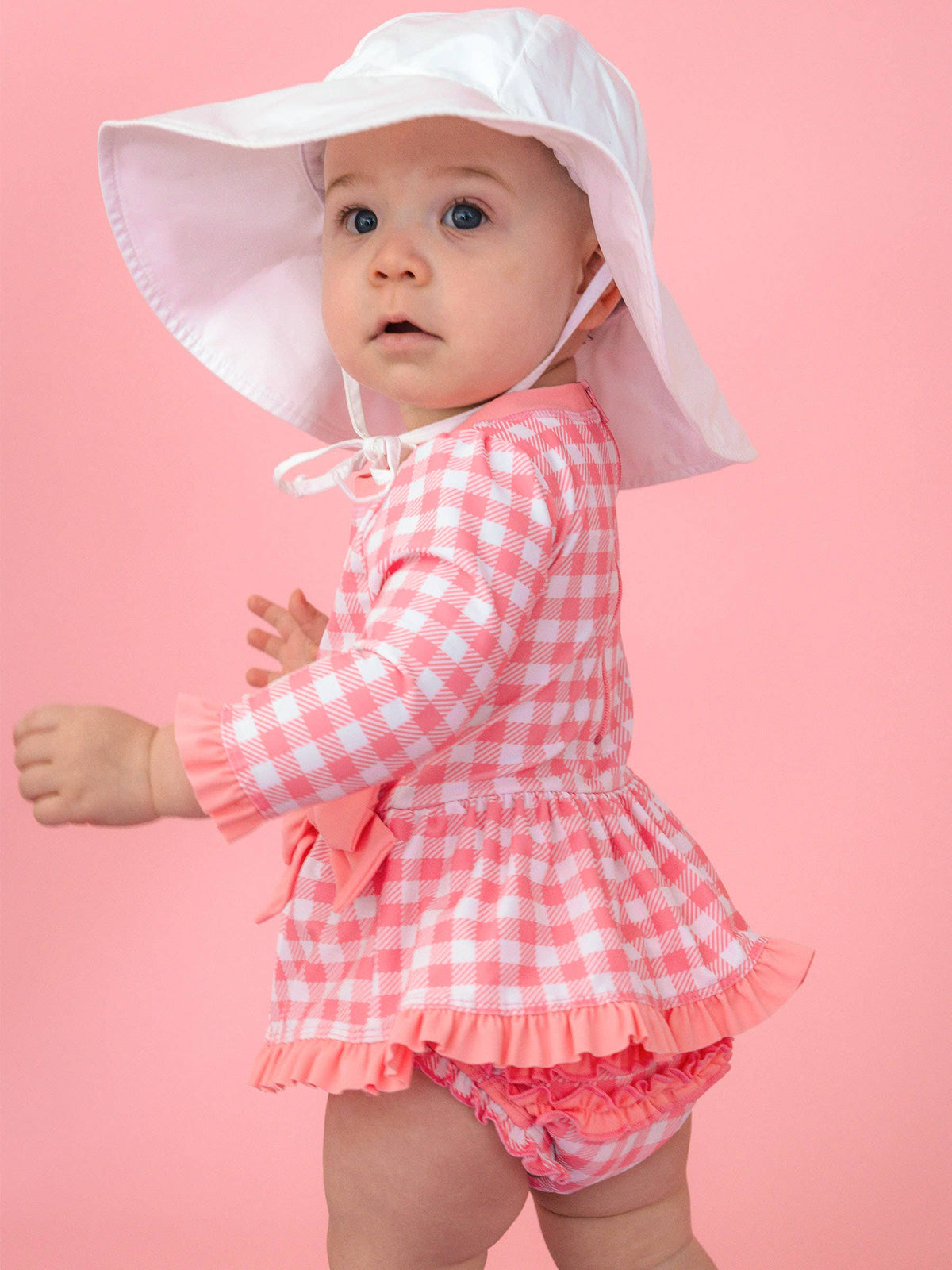 Baby Girls Bubblegum Gingham Long Sleeve One Piece Bow Peplum Rash Guard Swimsuit with Signature Rear Ruffles