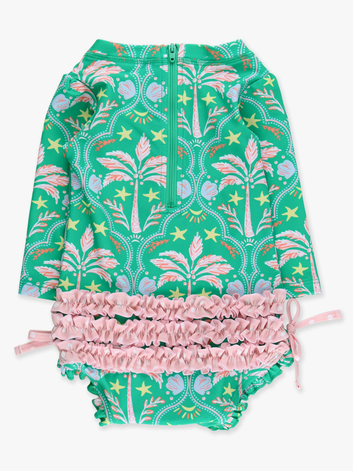Baby Girls Coconut Cabana Long Sleeve One Piece Rash Guard Swimsuit with Signature Rear Ruffles
