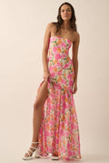 Strapless Asymmetric Floral Woven Maxi