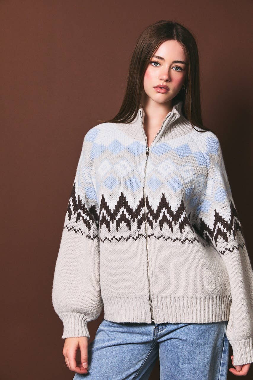 LONG SLEEVE COLLARED FAIR ISLE SWEATER JACKET