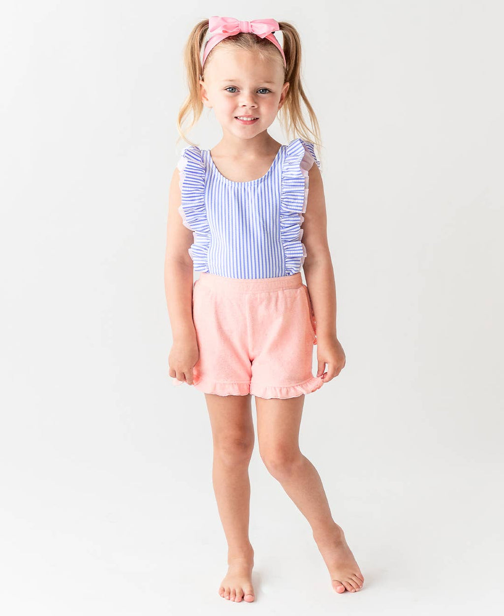 Girls Periwinkle Blue Seersucker Waterfall One Piece Swimsuit