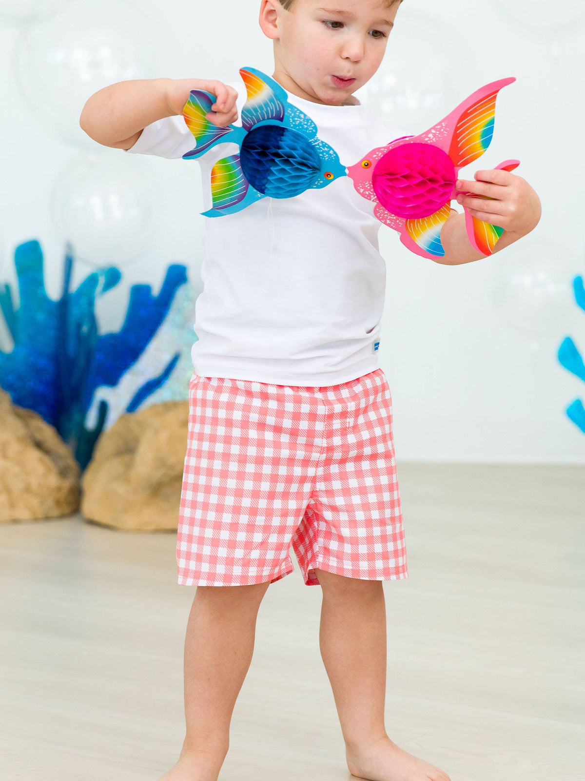 Boys Coral Gingham Swim Trunks
