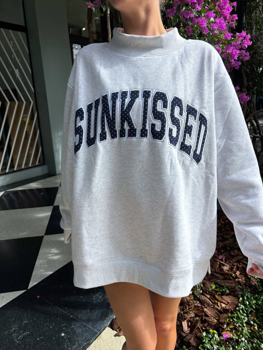 Pearl Grey Navy Blue Polka Dot SUNKISSED Mockneck Sweatshirt