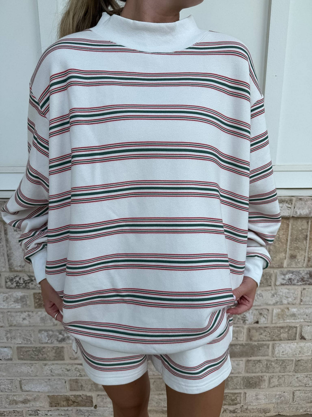 Christmas Cheer Striped 100% Cotton French Terry Mockneck Sweatshirt