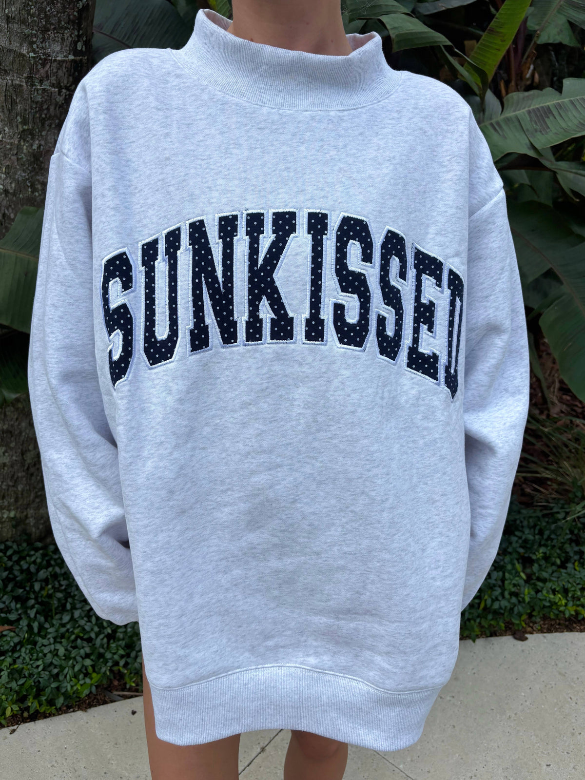 Pearl Grey Navy Blue Polka Dot SUNKISSED Mockneck Sweatshirt