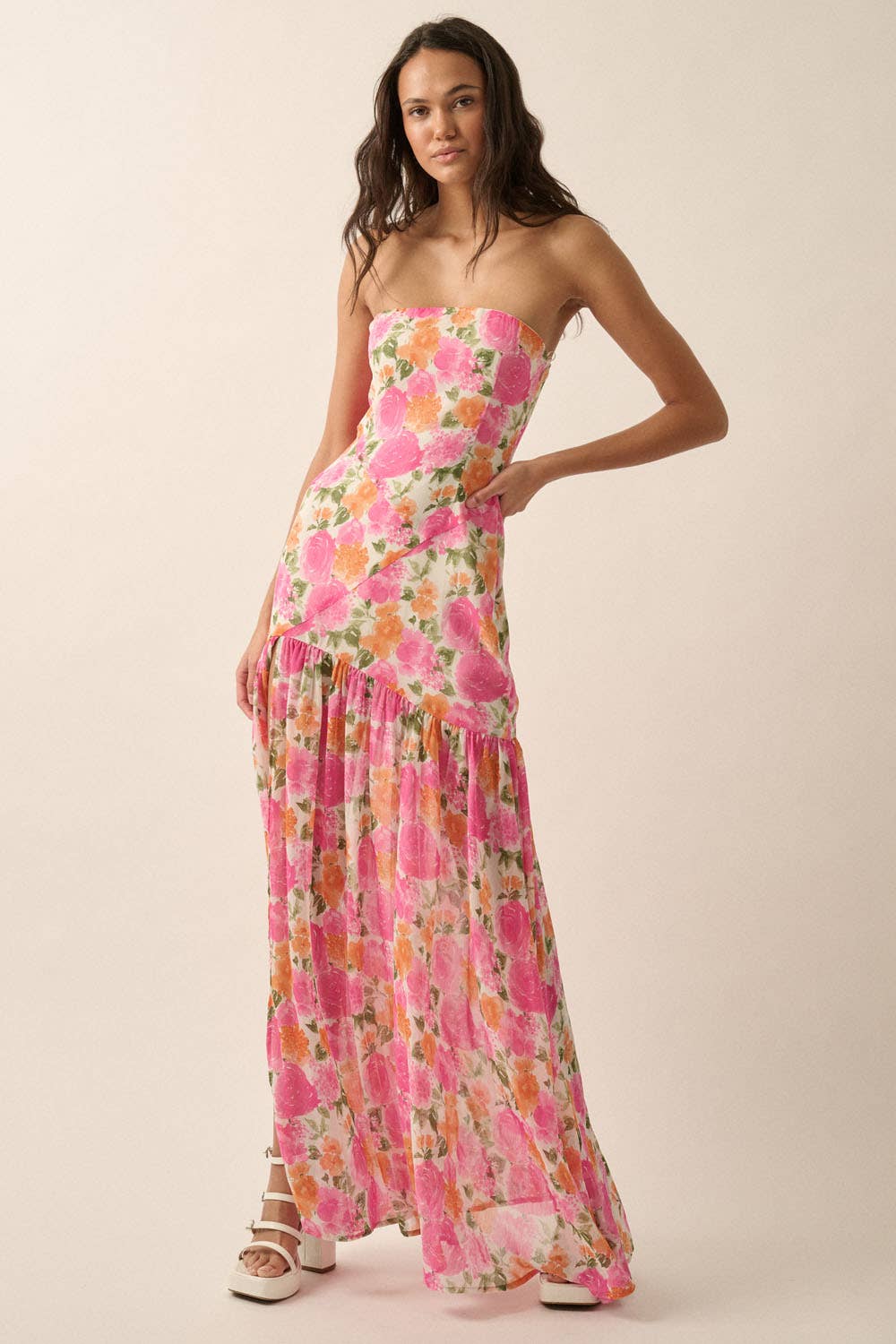 Strapless Asymmetric Floral Woven Maxi
