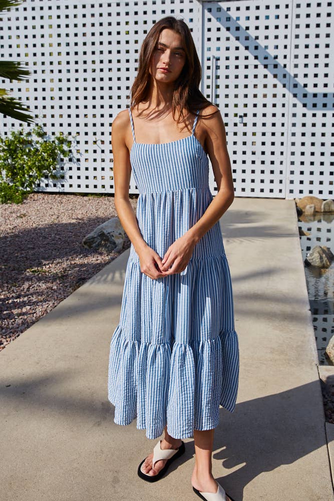 L9558 | Woven Polyester Faux Linen Striped Sleeveless Maxi