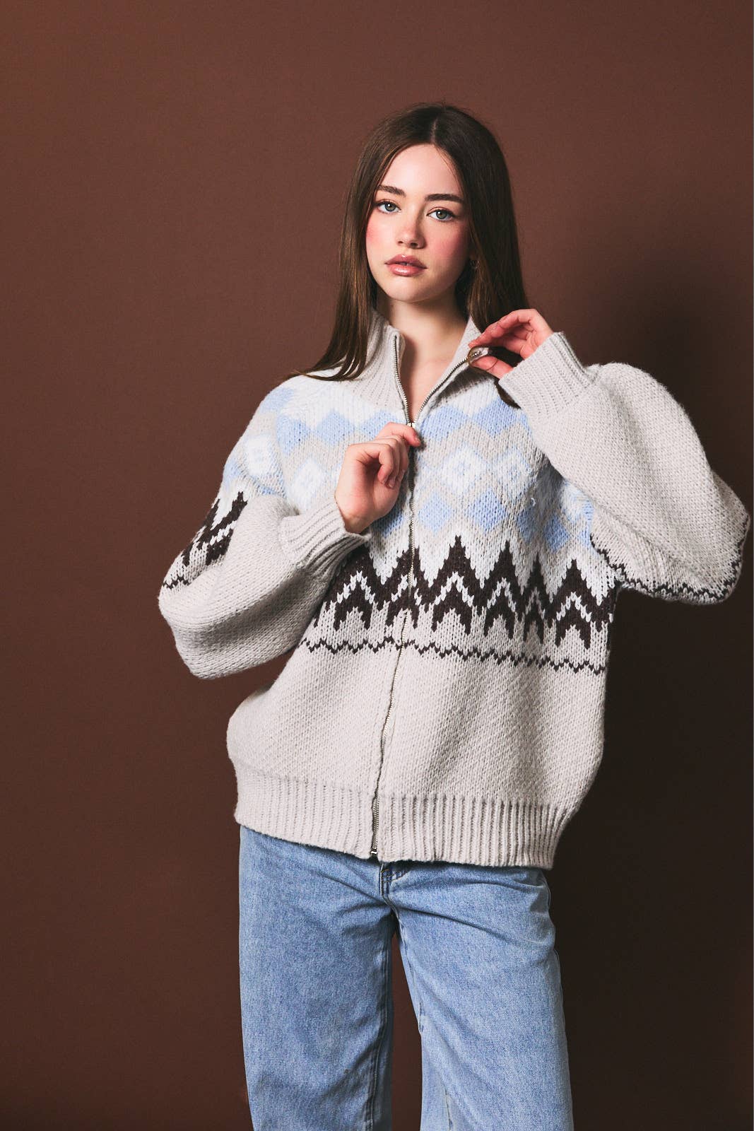 LONG SLEEVE COLLARED FAIR ISLE SWEATER JACKET